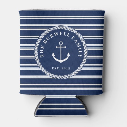 Rope & Anchor Navy Blue Stripes Naam toevoegen Blikjeskoeler (Voorkant)