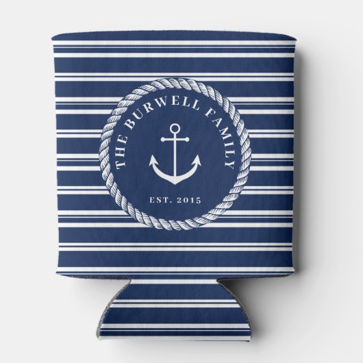 Rope & Anchor Navy Blue Stripes Naam toevoegen Blikjeskoeler (Achterkant)