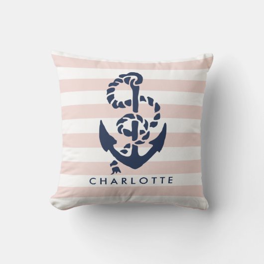 Rope & Anchor Pink Stripe Nautical Personalized Kussen (Voorkant)