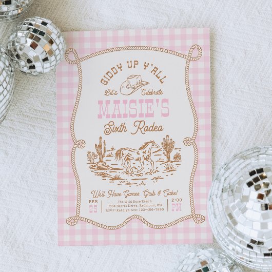 Rope Gingham Cowgirl Birthday Invitation Kaart