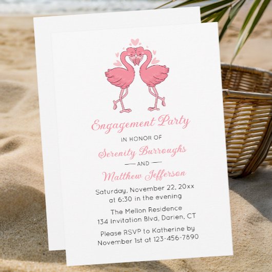 ropical Pink Flamingo Hawaiian Engagement Party Kaart