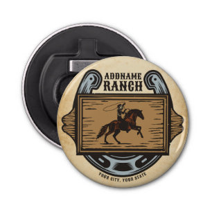 Roping Cowboy ADD NAAM Westerne Familie Paard Ranc Button Flesopener