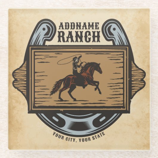 Roping Cowboy ADD NAAM Westerne Familie Paard Ranc Glazen Onderzetter (Voorkant)