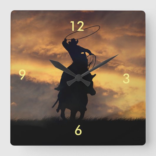 Roping Cowboy en Steer Clock Vierkante Klok (Voorkant)