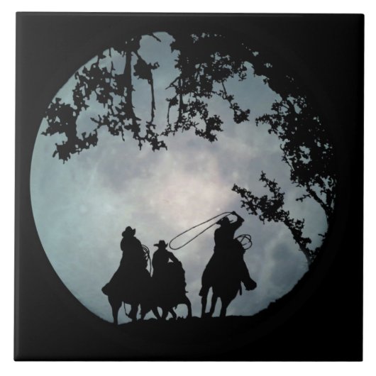 Roping Cowboys en Full Moon Art Tegel Tegeltje (Voorkant)