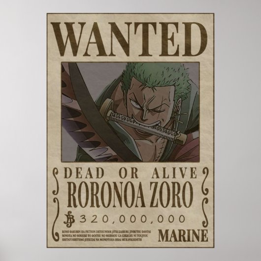 RORANORA ZORO One Piece Gezocht Poster (Voorkant)