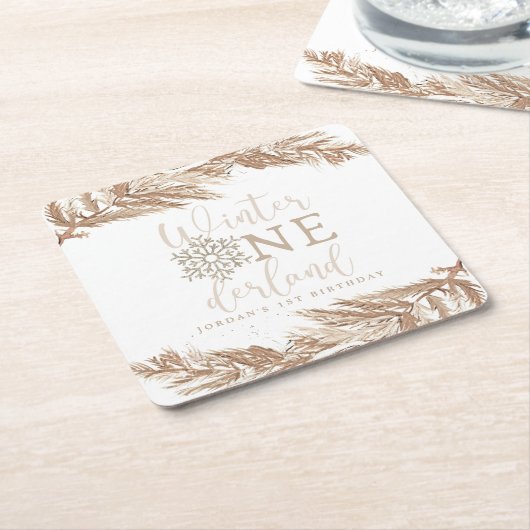 RORY Boho Beige Winter Wonderland Eerste Verjaarda Kartonnen Onderzetters (Schuin)