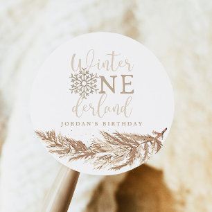 RORY Boho Beige Winter Wonderland Eerste Verjaarda Ronde Sticker
