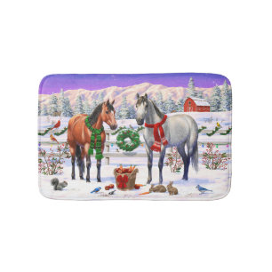 Ros en Appelgrijs Paarden in Sneeuw Kerst Boerderi Badmat