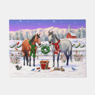 Ros en Appelgrijs Paarden in Sneeuw Kerst Boerderi Deurmat