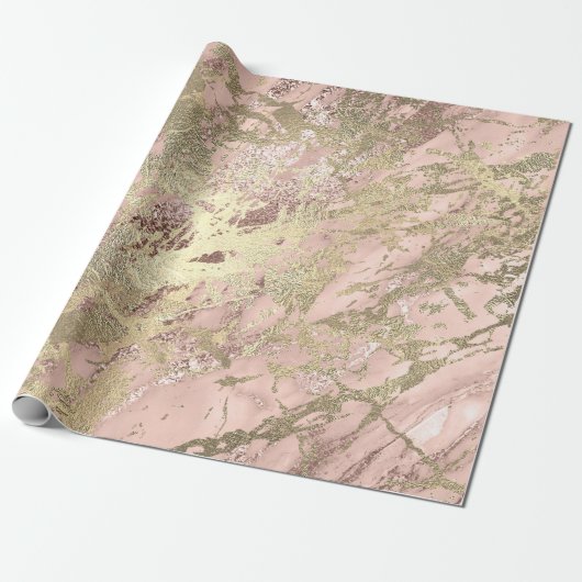 Ros Gold Blush Marble Shiny Metallic Stroke Roze Cadeaupapier (Uitgerold)