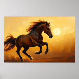 Ros paard galoppeert, zonsondergang lucht, stromen poster