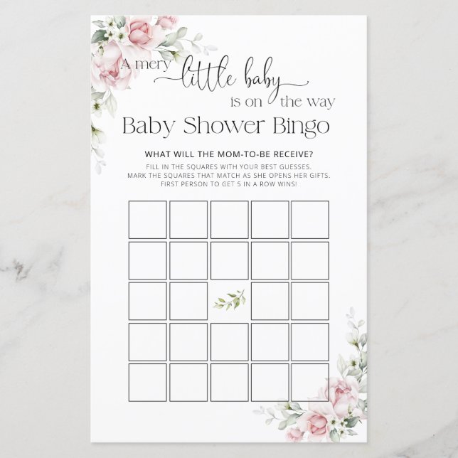 Rosa Bloemen Baby Shower Spel Bingo (Voorkant)