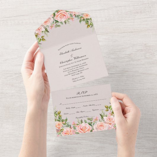Rosa bloemen bruiloft alles-in-één uitnodiging (Afscheurbaar)
