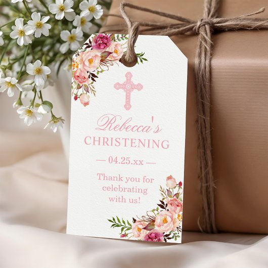 Rosa Bloemen Doop Dankjewel Cadeaulabel