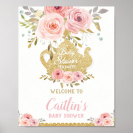 Rosa Bloemen Thee Feestje Baby Shower Ontvangst Poster