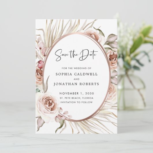 Rosa Blush Rozen Gedroogde Palm Boho Trouwkaartjes Save The Date (Staand voorkant)