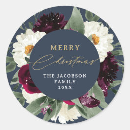 ROSA Boho Burgundy Floral Navy Merry Kerstmis Ronde Sticker