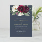 ROSA Burgundy en Navy Floral Winter Wedding Kaart (Staand voorkant)