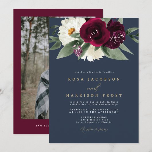 ROSA Burgundy en Navy Floral Winter Wedding Kaart (Voorkant / Achterkant)