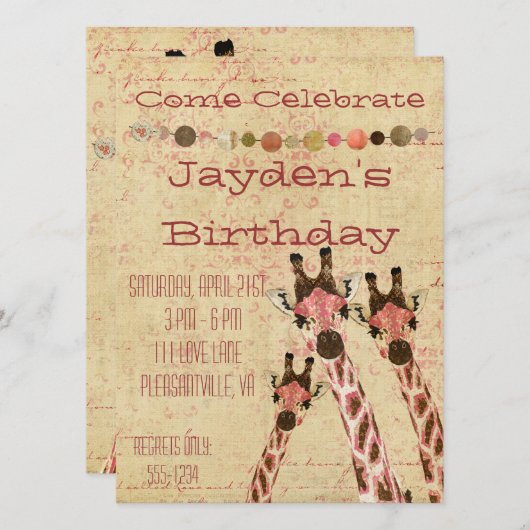 Rosa & Copper Giraffes - uitnodiging van afgelopen (Voorkant / Achterkant)