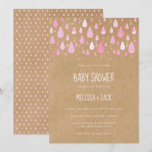 Rosa Druppels Baby Meisje Shower Kaart (Voorkant / Achterkant)