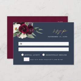 ROSA Elegant Navy & Burgundy Wedding RSVP Card Kaart