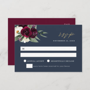 ROSA Elegant Navy & Burgundy Wedding RSVP Card Kaart