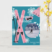 Rosa en blauwe skiën kaart (Gele Bloem)