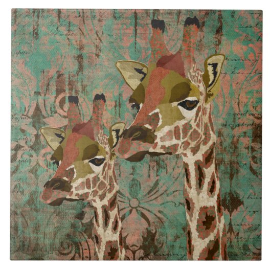 Rosa Giraffes Damask Tile Tegeltje (Voorkant)