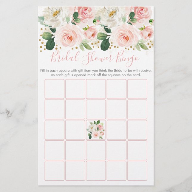 Rosa Gouden Bloemen Bruiloftsshower Bingo Spel (Voorkant)