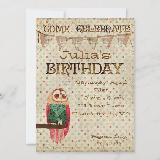 Rosa Owl Birthday Invitation Kaart (Voorkant)