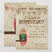 Rosa Owl Birthday Invitation Kaart (Voorkant / Achterkant)