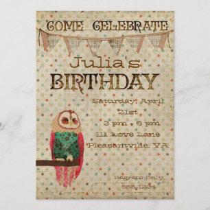 Rosa Owl Birthday Invitation Kaart