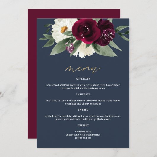 ROSA Rich Burgundy Floral Navy Blue 5x7" Menu (Voorkant / Achterkant)