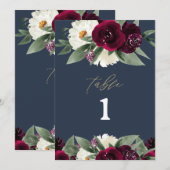ROSA Rich Burgundy Floral Navy Blue Table Number Menu (Voorkant / Achterkant)