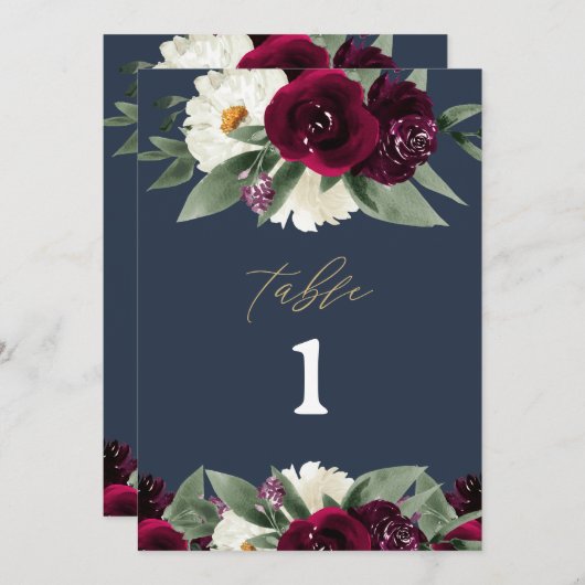 ROSA Rich Burgundy Floral Navy Blue Table Number Menu (Voorkant / Achterkant)