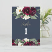 ROSA Rich Burgundy Floral Navy Blue Table Number Menu (Staand voorkant)