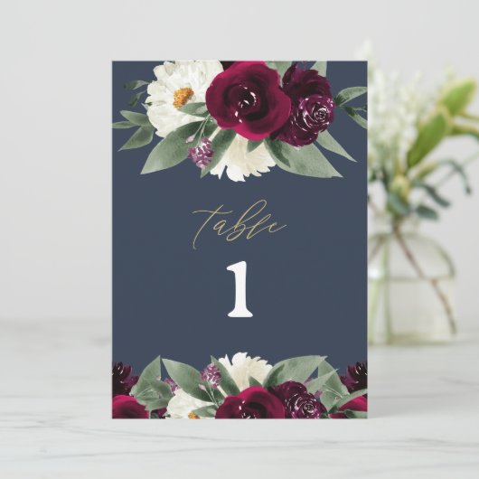 ROSA Rich Burgundy Floral Navy Blue Table Number Menu (Staand voorkant)