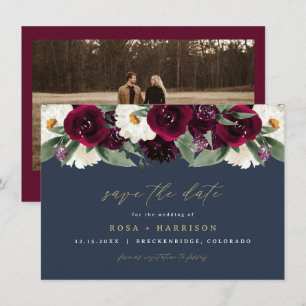 ROSA Rich Burgundy Floral Navy Photo Save the Date Kaart