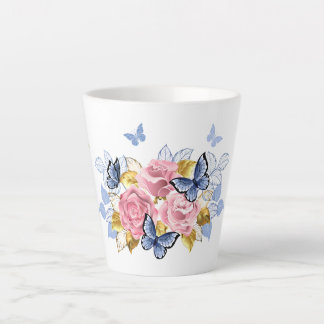 Rosa Rosen & blaue Schmetterlinge - Elegante Tasse Latte Mok