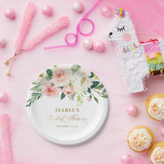 Rosa Roze Bloemengoud Gepersonaliseerde Bruidsdouc Papieren Bordje (Feest)