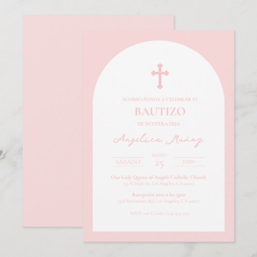 Rosa Simple Bautizo Invitación Baptism Uitnodiging (Voorkant / Achterkant)