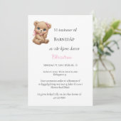 Rosa Strik Bamse Doopuitnodiging Kaart (Staand voorkant)