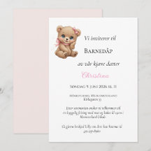 Rosa Strik Bamse Doopuitnodiging