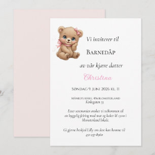 Rosa Strik Bamse Doopuitnodiging Kaart
