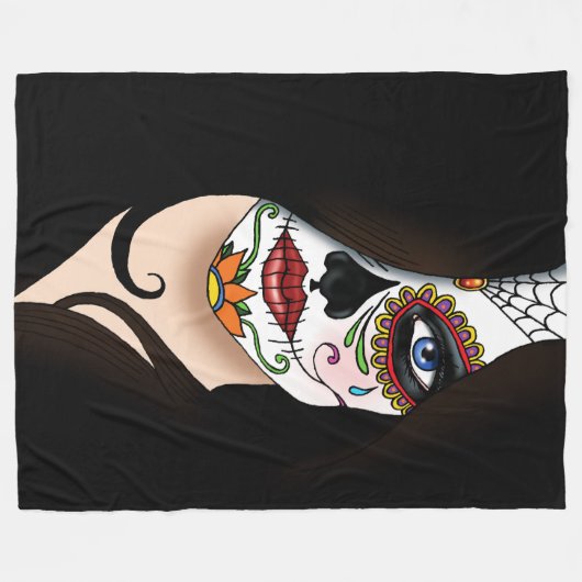 Rosa Sugar Skull Portait Fleece Deken (Voorkant (Horizontaal))