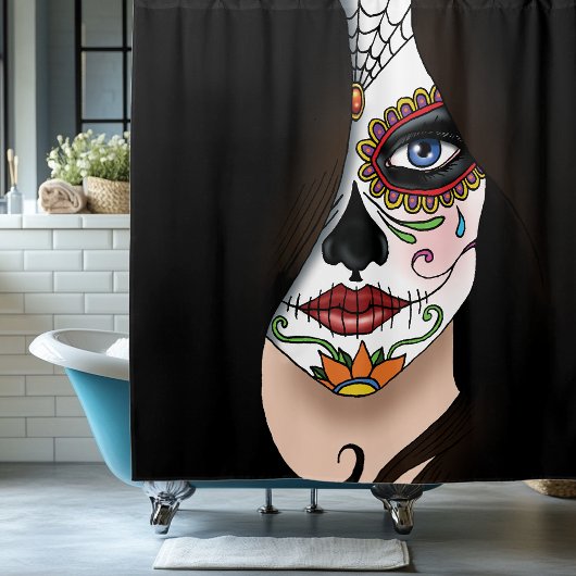 Rosa Sugar Skull Portret Douchegordijn