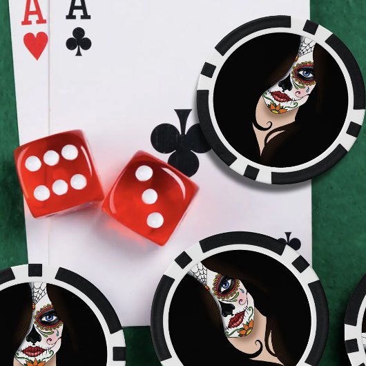 Rosa Sugar Skull Portret Poker Chips