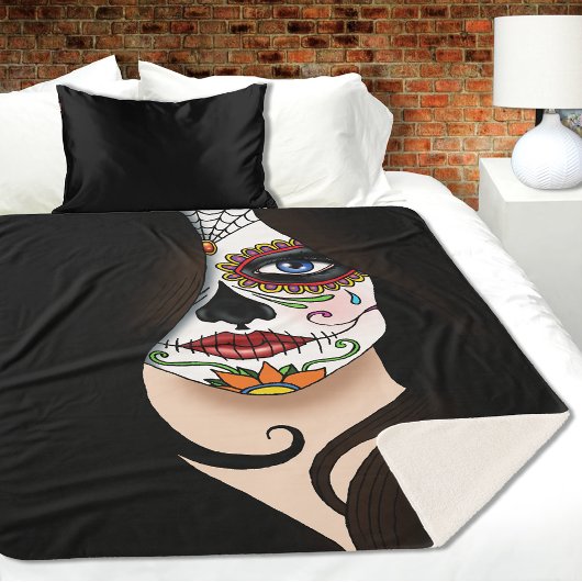 Rosa Sugar Skull Portret Sherpa Deken